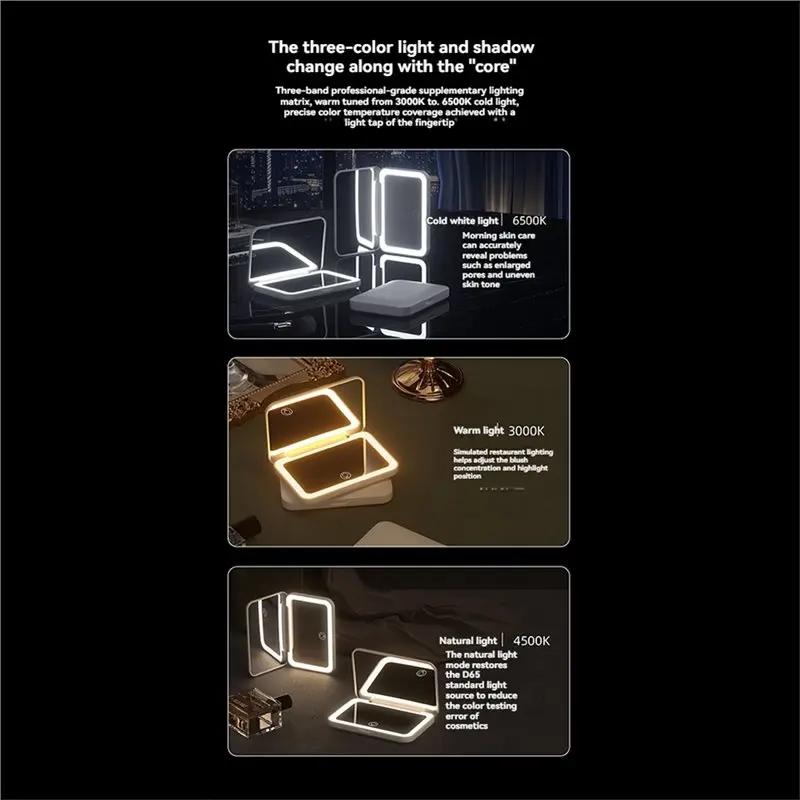 Miroir de poche Rechargeable, éclairage LED 3 couleurs, grossissement 2X, miroir cosmétique pliant pour vanité