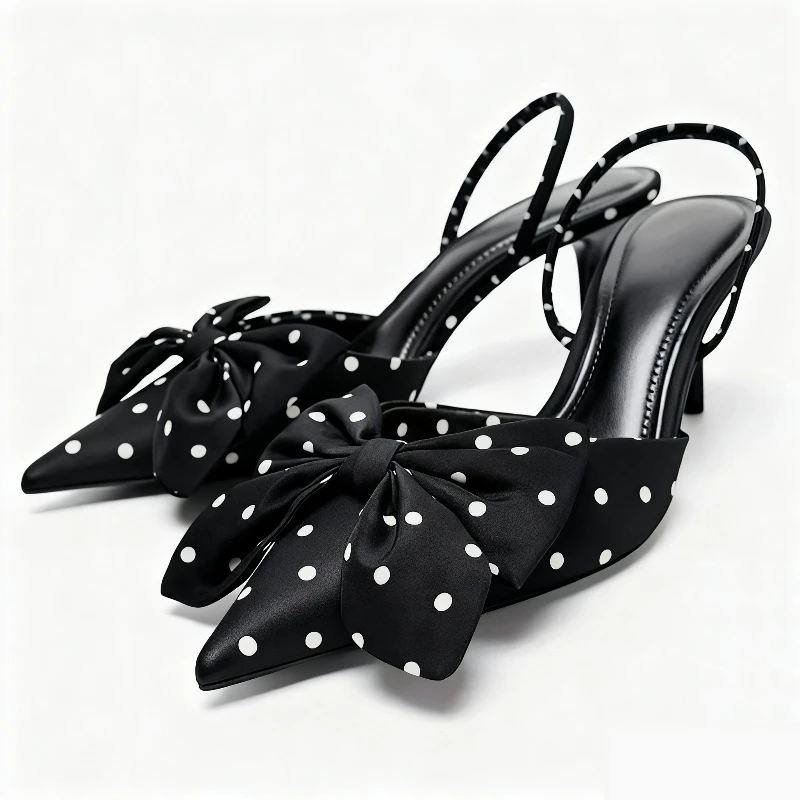 

Black Polka Dot Bow Decoration Brand High Heels for Women Fashion Pointed Toe Thin Heel Designer Shoes Elegant Party Dress Shoes