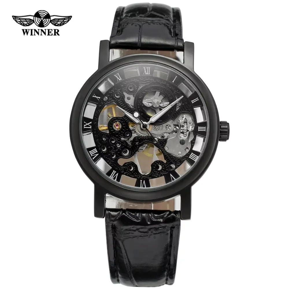 WINNER Fashion trend men's and women's watches leather strap hollow black dial automatic mechanical watches