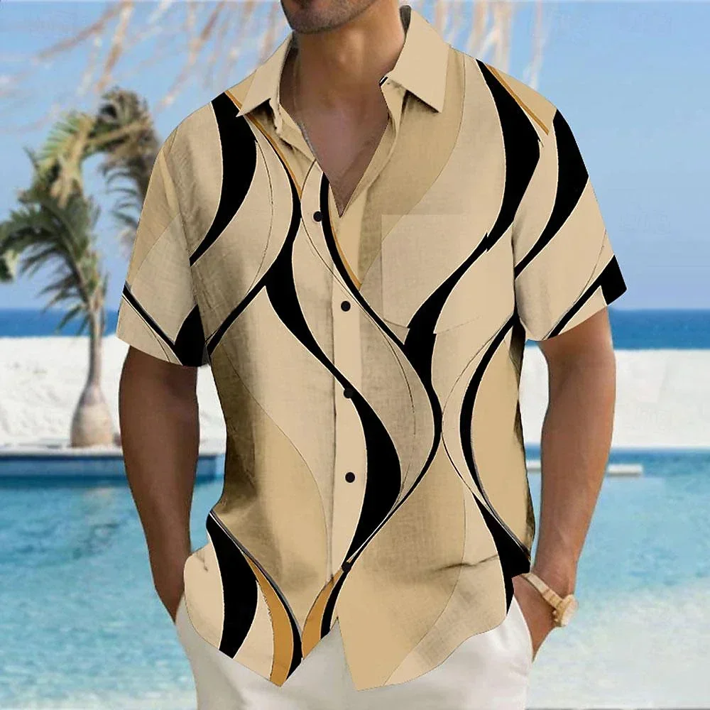 Men's Geometric Stripe Printed Shirt, Hawaiian Vacation Shirt, Casual Party, Outdoor Vacation, Summer tops&tees Clothing