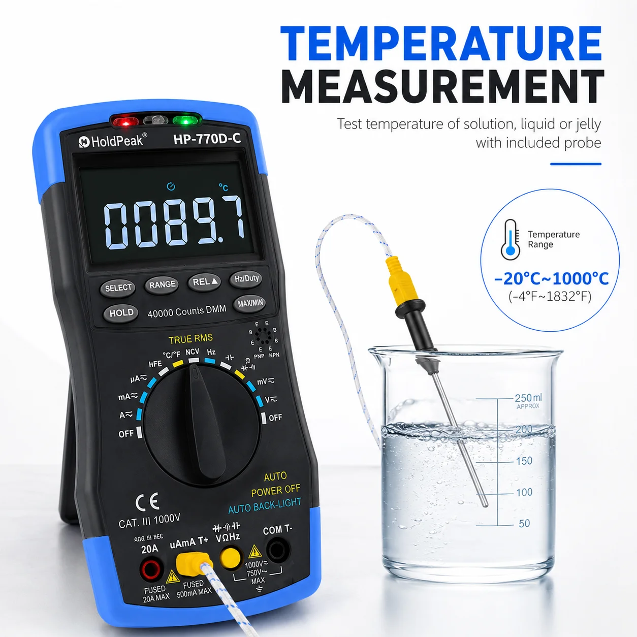 HP-770D-C LCD Digital Multimeter - True RMS Auto Range for AC/DC Voltage, Ohm, Amp & Capacitor (40,000 Counts)