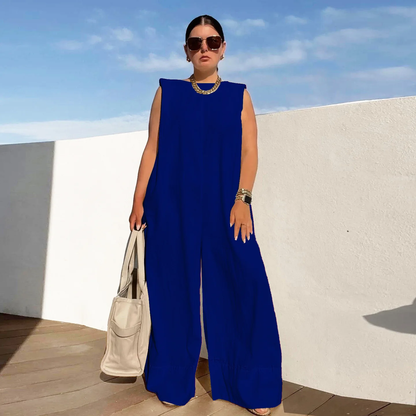 Kombinezon Damski Round Neck Sleeveless Vest Loose Wide Leg Jumpsuit Women's Solid Color Casual Commuting Outdoor Daily Jumpsuit