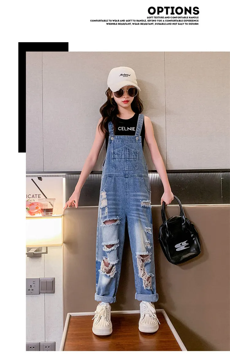 Cooler Overall mit Löchern für Mädchen, Sommermode, zerrissene Jeans-Latzhose, Kinder-Streetwear, abgenutztes Kostüm, 4 5 6 8 9 10 12 14 Jahre – Detail 3
