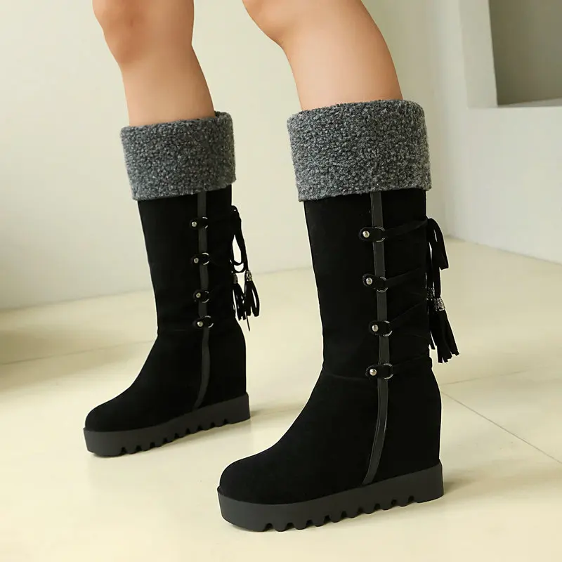 

Women Winter Snow Boots Faux Suede Wedge Heel Knee High Boots Fur Lined Tassel Lace Up Platform Warm Casual Shoes Botas Mujer