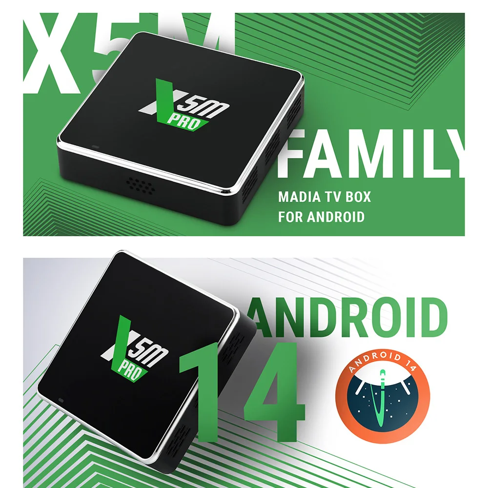 UGOOS X5M PRO TV BOX Android 14 Amlogic S905X5M LPDDR4 4GB 32GB يدعم AI-SR CEC AV1 WiFi6 BT5.4 1000M مع جهاز تحكم صوتي BT