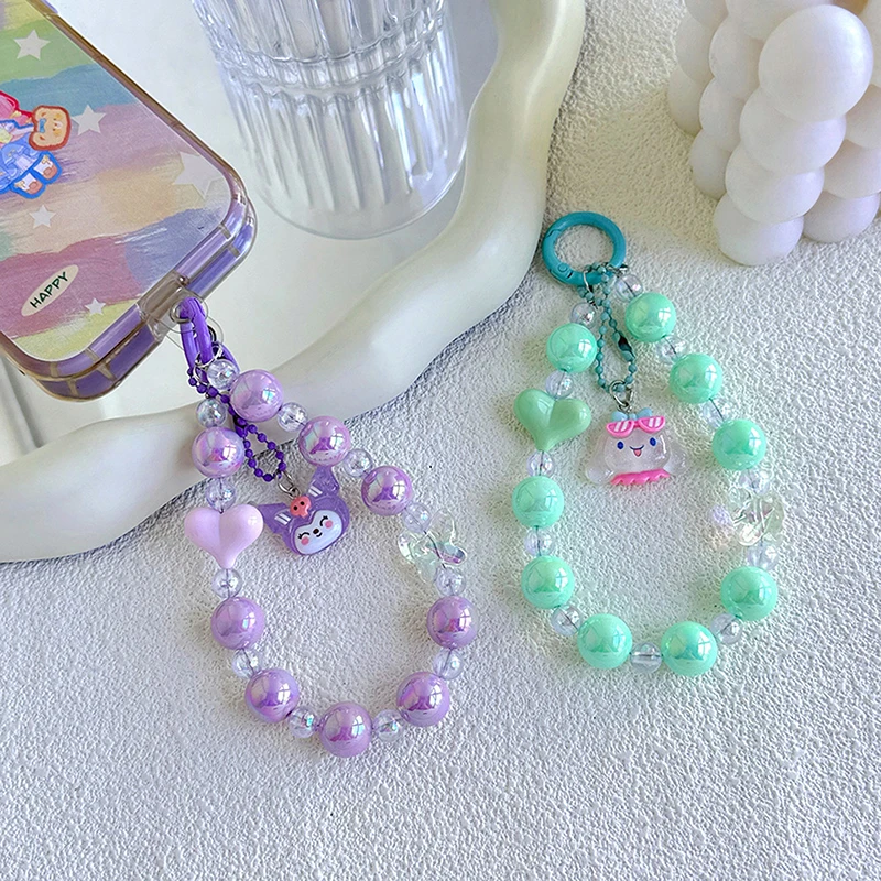 Cute Cartoon Anime Sanrio Hello Kitty Cinnamoroll Phone Chain Colorful Beaded Keychain Strap Bag Pendant Decoration Gifts