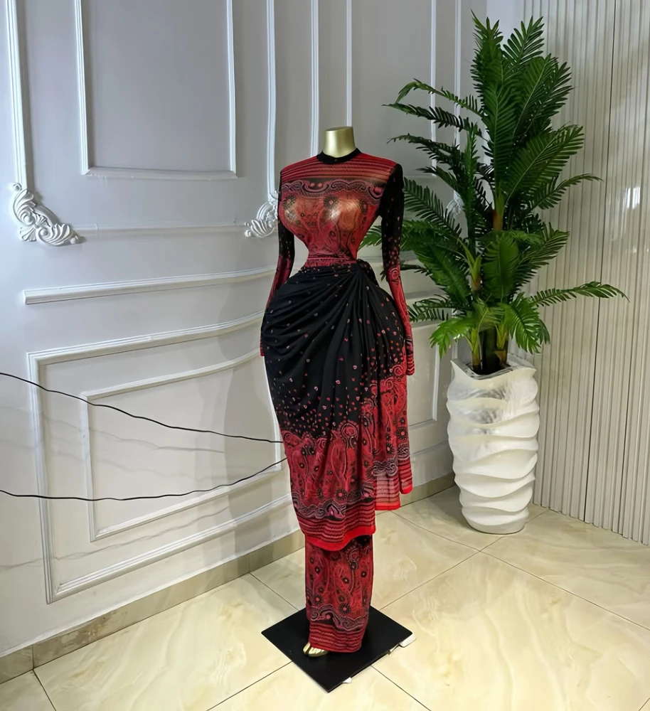 JENYAGE Damen Sexy Rosa Schwarz Paisley-Druck Transparentes Netzstoff-Oberteil mit Stehkragen Langarm Drapiertes Wickel-Bodycon-Party-Abend-Jumpsuit-Kleid – Detail 3