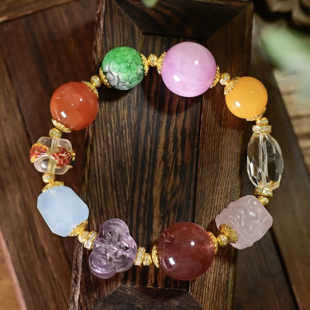 

Natural Multi-Gemstone Bracelet, Kunzite Jade Amber Nanhong Strawberry Quartz Aquamarine Silver, Colorful Jewelry Gift