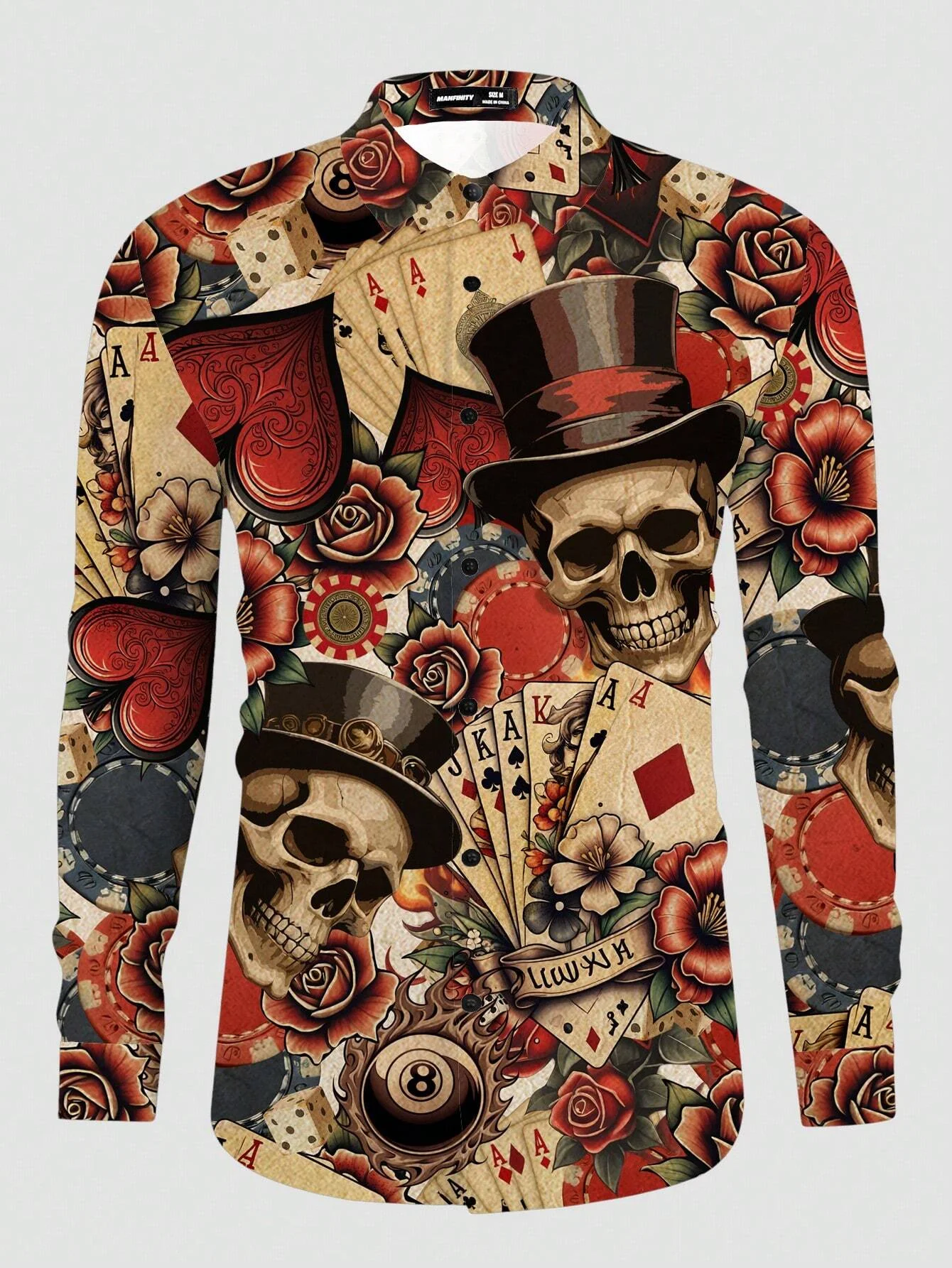 Men's Lapel Shirts Funny Long Sleeve Shirts Traditional Hawaiian Shirts Casual Shirts Skull Playing Card Print Holiday Shirts