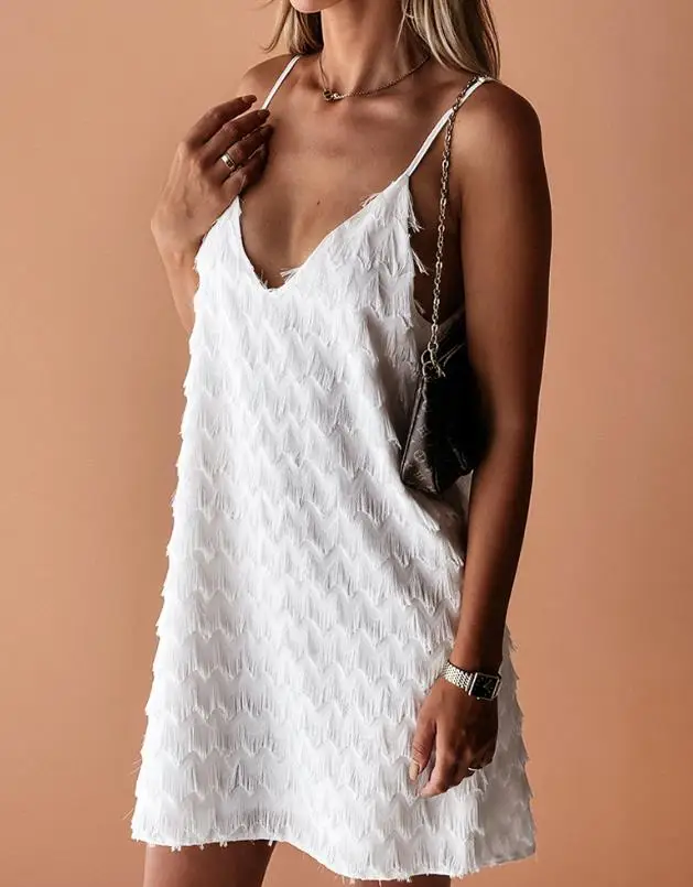 Solid Color V-Neck Tassel Design Backless Thin Shoulder Strap Solid Color Dress for Women's Summer Elegant Suspender Dress