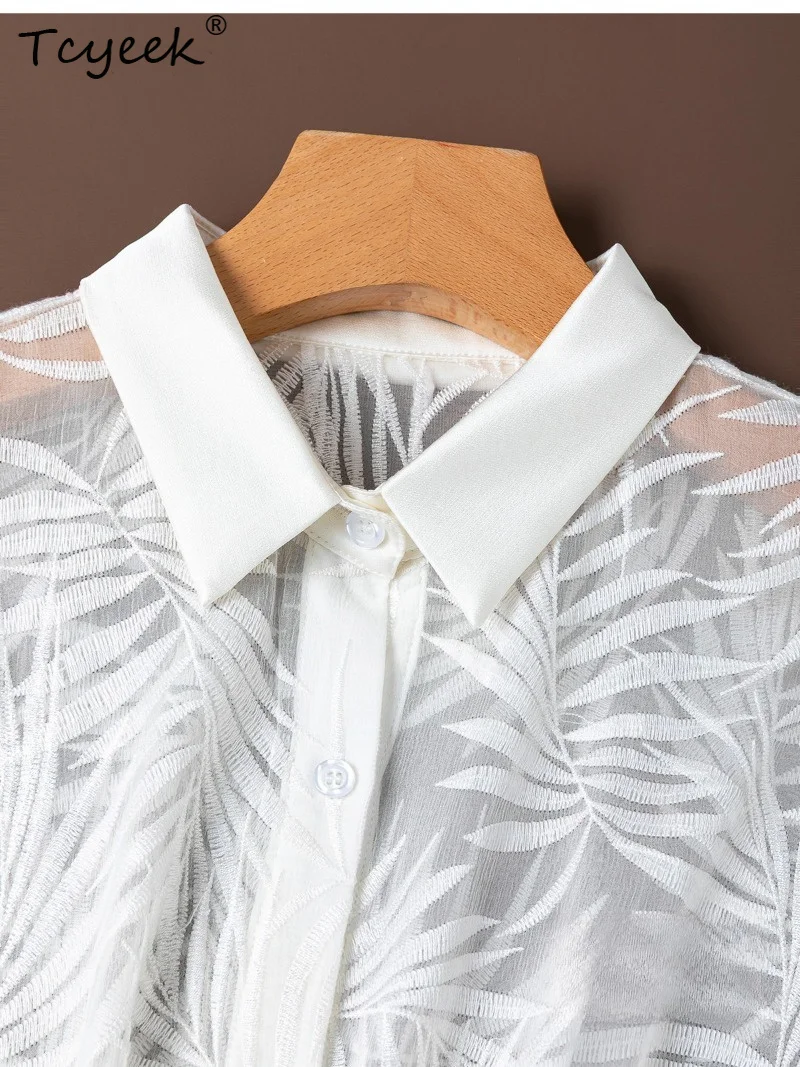 Tcyeek 100% Real Silk Women Shirt 2026 Summer Embroidered Semi-transparent Sun Protection Shirts Ladies Clothing Рубашка Женская