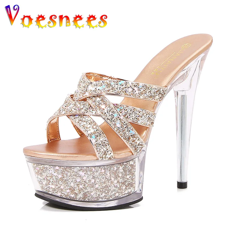 Women Thin Band Sandals Glamorous Sequin High Heels 14.5CM Summer Outdoor Fashion Slide Slippers 2023 New Nightclub Party Shoes