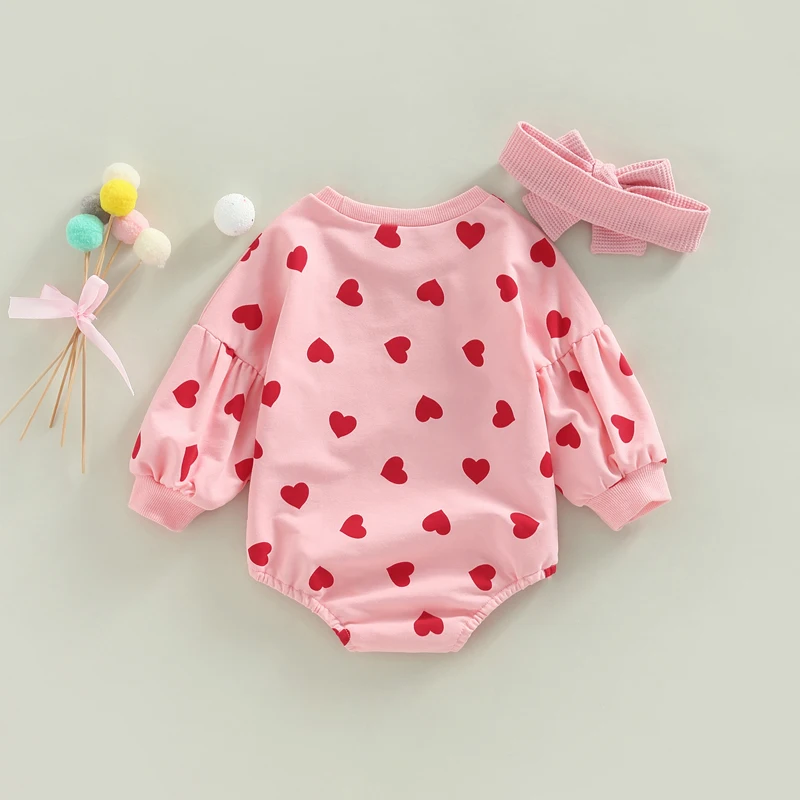 Infant Baby Girls Sweet Bodysuit Letter/Heart Print Long Sleeve Sweatshirt Autumn Spring Casual Jumpsuits with Headband