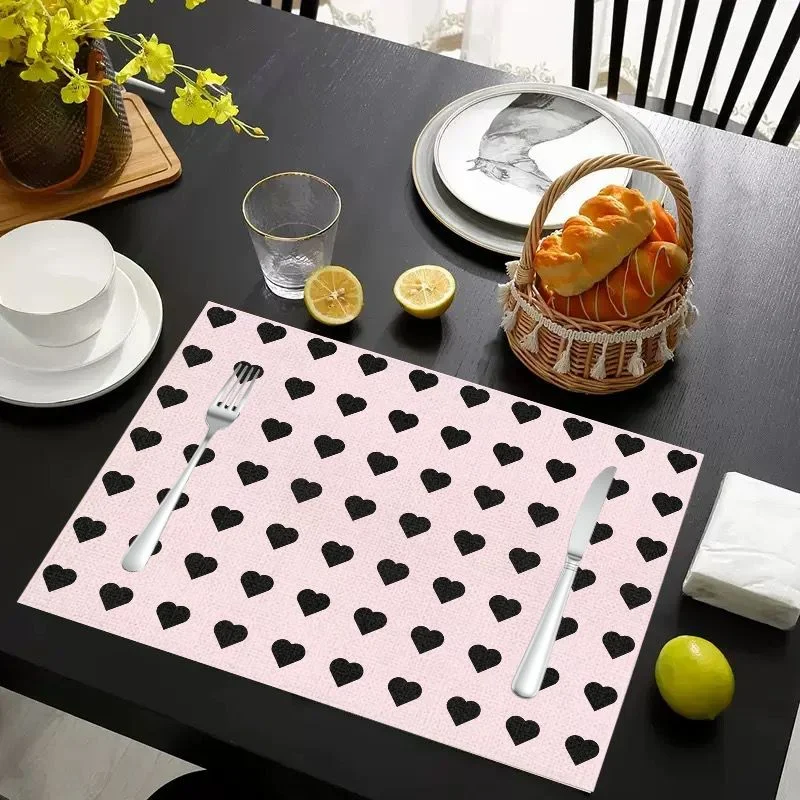 VIKAMA Christmas Placemat Pink Black Hearts Pattern, Waterproof Oil-Proof Heat-Resistant Dining Table Mat for Holiday Home