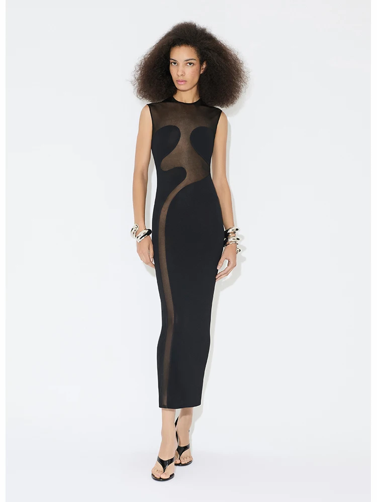Robe longue à bandes en maille, col rond, Sexy, Patchwork, noire, blanche, transparente, irrégulière, moulante, robes de soirée, de Cocktail