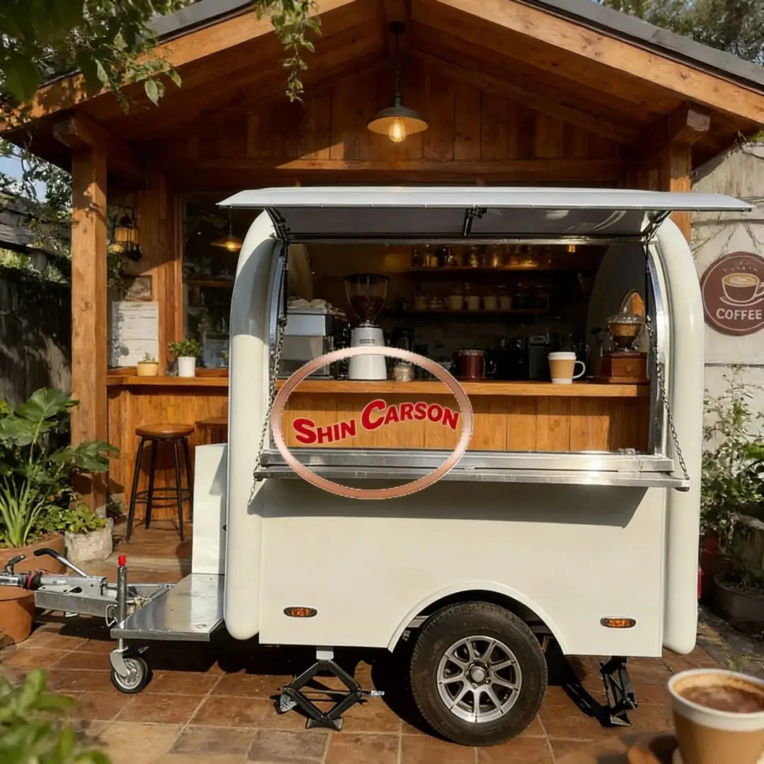 

Fiberglass Portable Food Vending Cart, Mobile Catering Trailer, Street Food Truck with Awning and Storage Cabinets