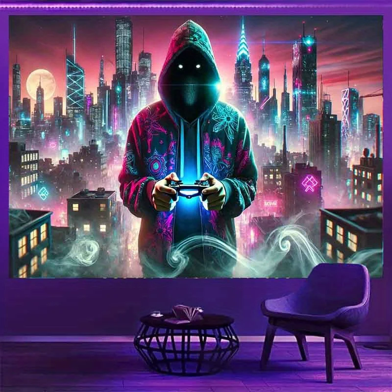 

VIKAMA Киберпанк неоновый гобелен для киберспортивной комнаты, настенная функция гостиной с геймерской тематикой, футуристический декор города, простая установка
