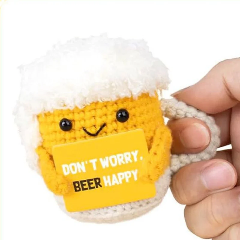 Handmade Crochet Emotional Support Plush Doll Funny Coffee/Beer Mug Figure With Card Desktop Ornament Home Birthday Holiday Gift