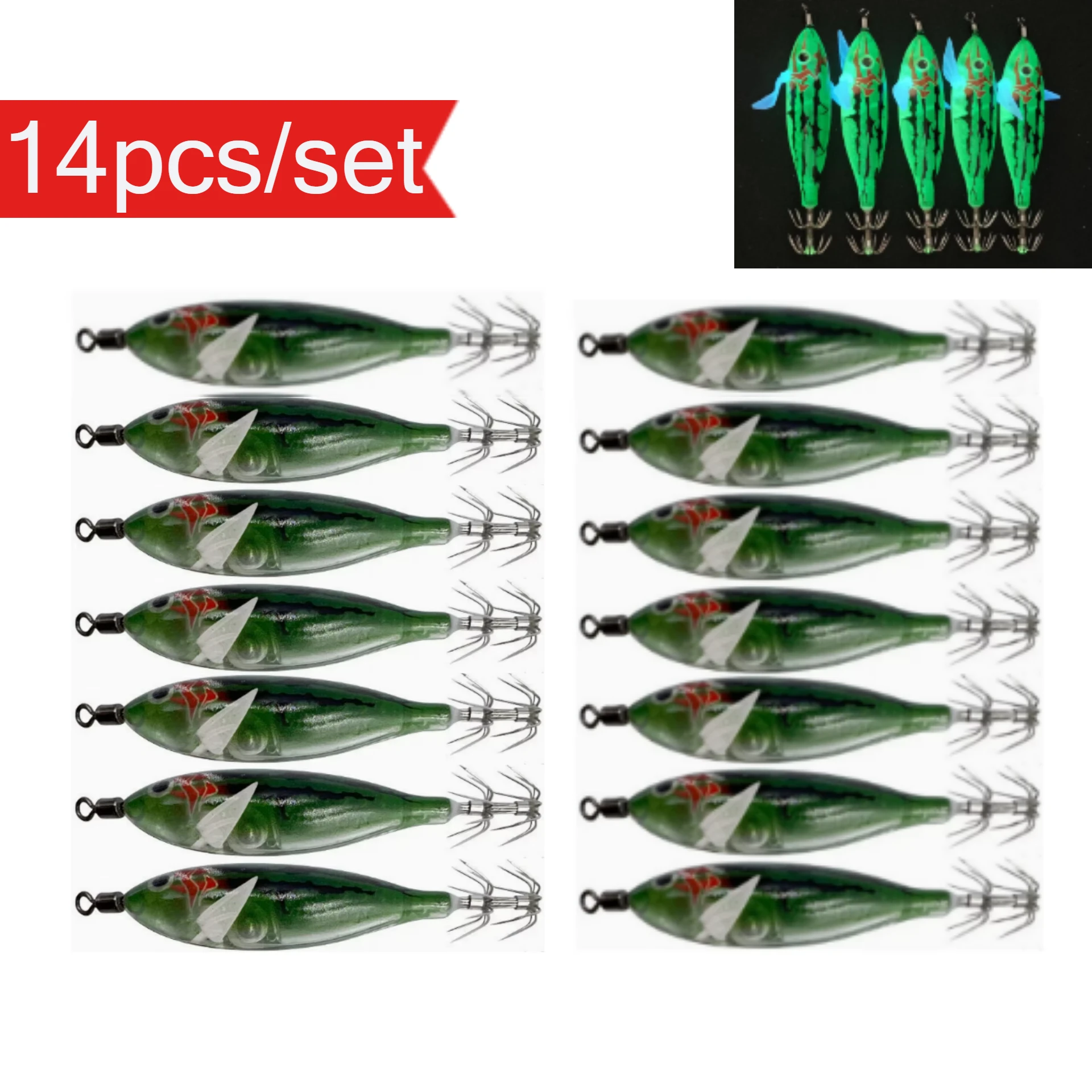 14 Stück/Set Leuchtender Tintenfisch-Jig 8cm/5,7g Garnelen-Angelköder Haken Meeresfischerei-Zubehör Künstlicher Köder Oktopus-Köder