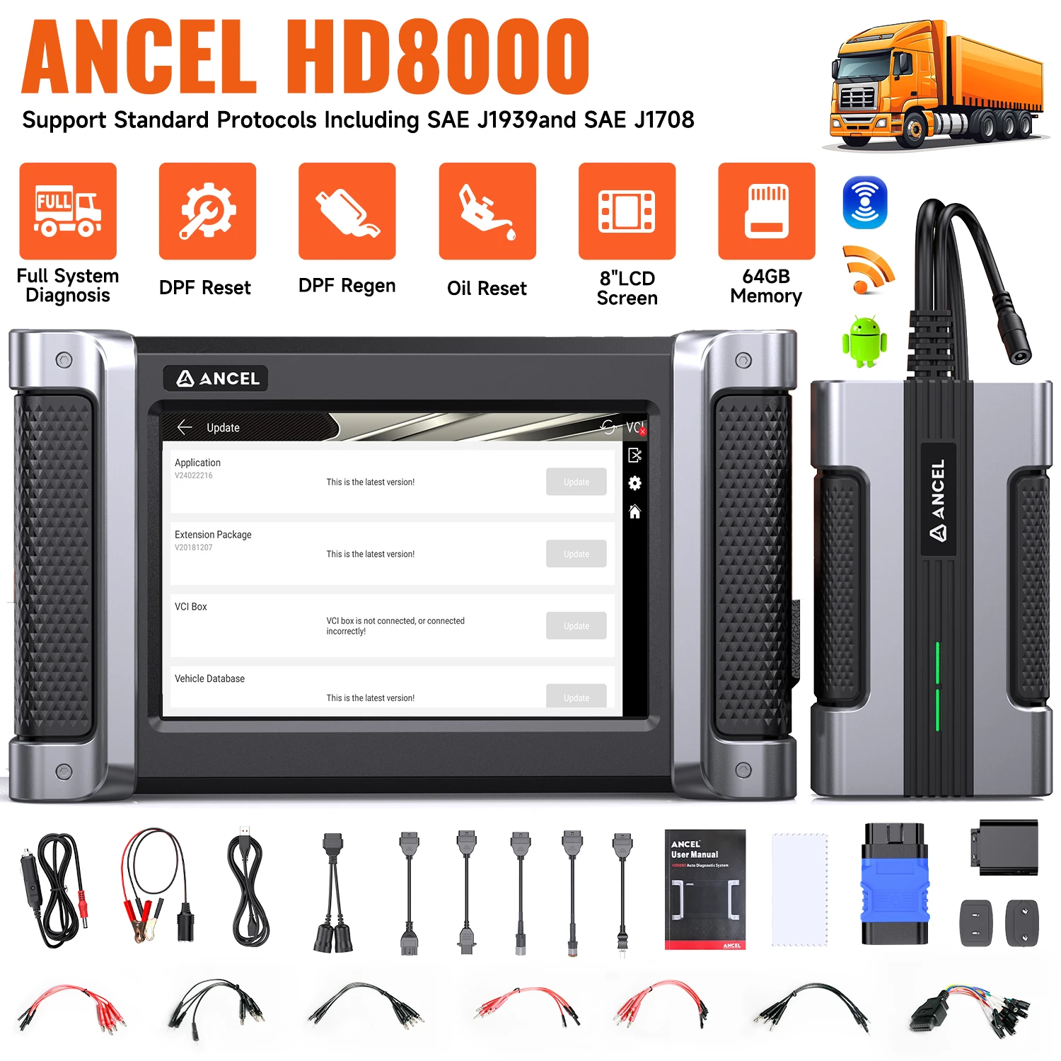 ANCEL HD8000 OBD2 Heavy Duty Truck Diagnostic Tools All System D.PF Regen Oil Speet 30+ Reset Trucks Scanner for Cummins/Detroit