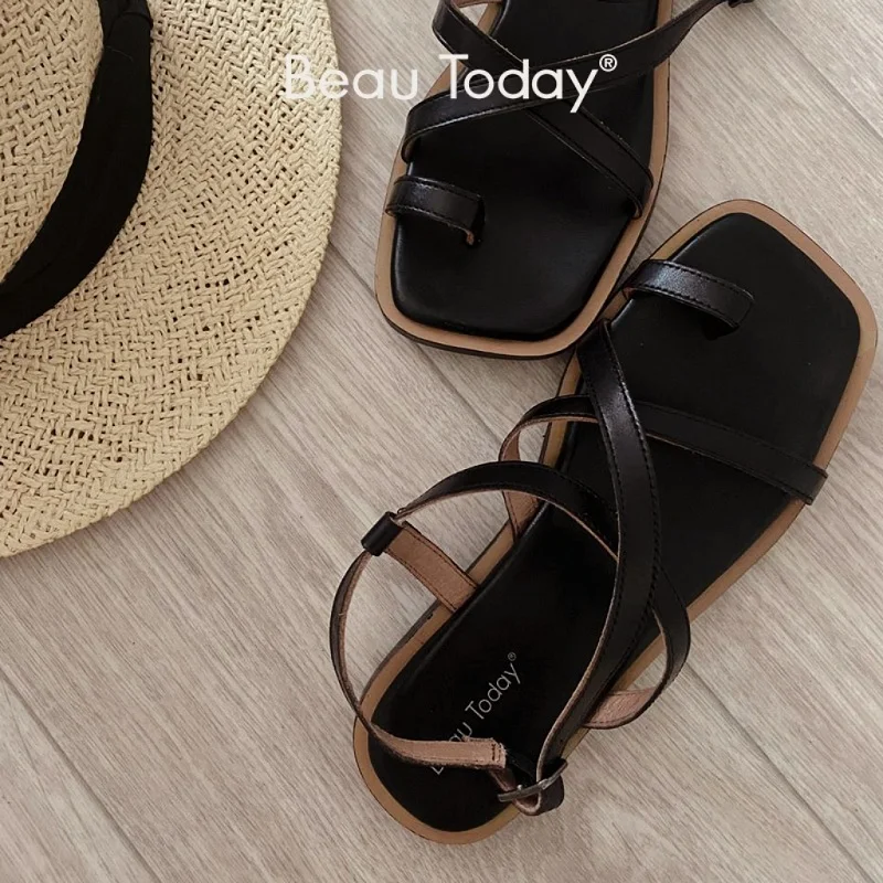 

BeauToday Gladiator Sandals Women Cow Leather Vintage Ankle Cross Strap Square Toe Thumb Summer Ladies Flat Shoes Handmade 32361