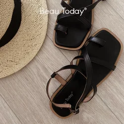 BeauToday Gladiator Sandals Women Cow Leather Vintage Ankle Cross Strap Square Toe Thumb Summer Ladies Flat Shoes Handmade 32361