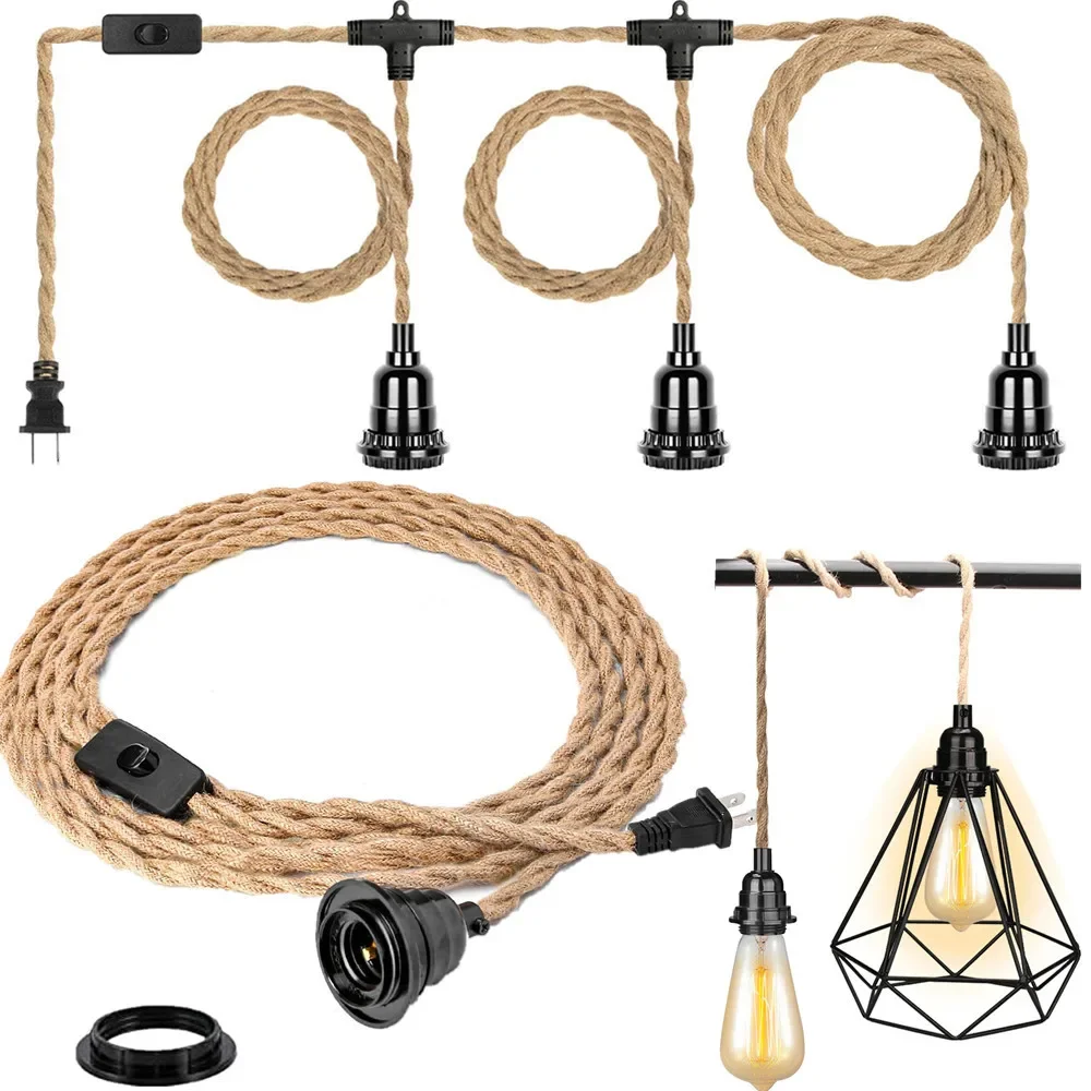 2.5m-6.7m Hanging Pendant Light Kit with Switch Plug Socket E27 Compatible Vintage Farmhouse Lamp Hemp Rope Cable Rustic Decor