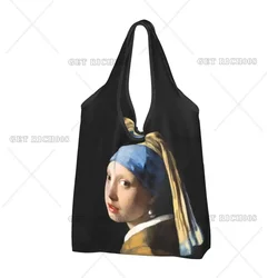 Bolso de compras con pendiente de perla para niña, bolso de mano portátil con pintura de Vincent Van Gogh, bolsas de compras para comestibles sin cremallera