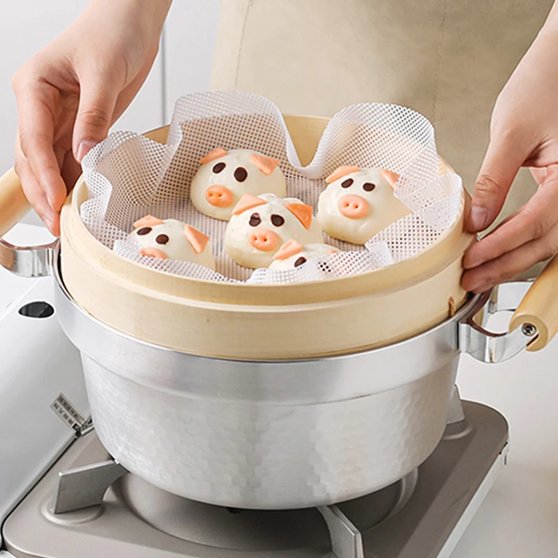2Pcs Reusable Non-stick Silicone Steamer Liners 16cm Round Bamboo Steamer Mesh Mat for Dumpling Home Kitchen Restaurant
