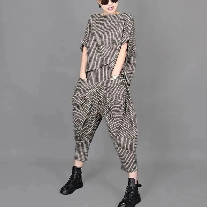 Summer Fashion Vintage Striped Printed Irregular Short Sleeve Tee Lantern Pants Set Female Loose Casual T-shirt Bloomers Suit