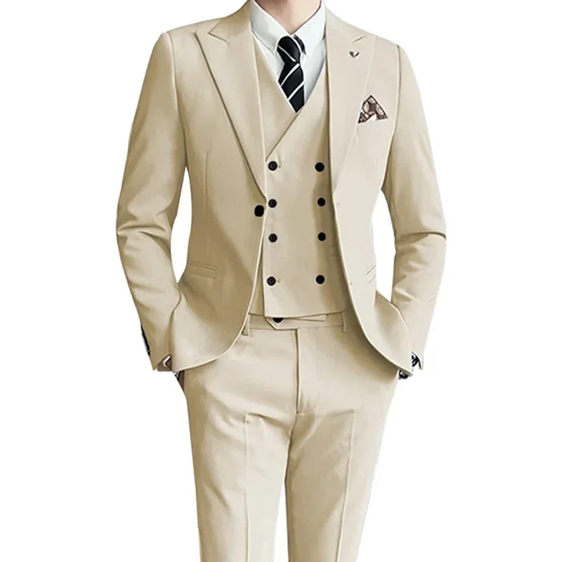 

New Men Leisure Boutique Solid Color Business Slim Wedding Best Suit 3 Pcs Set Blazers Dress Jacket Coat Pants Vest