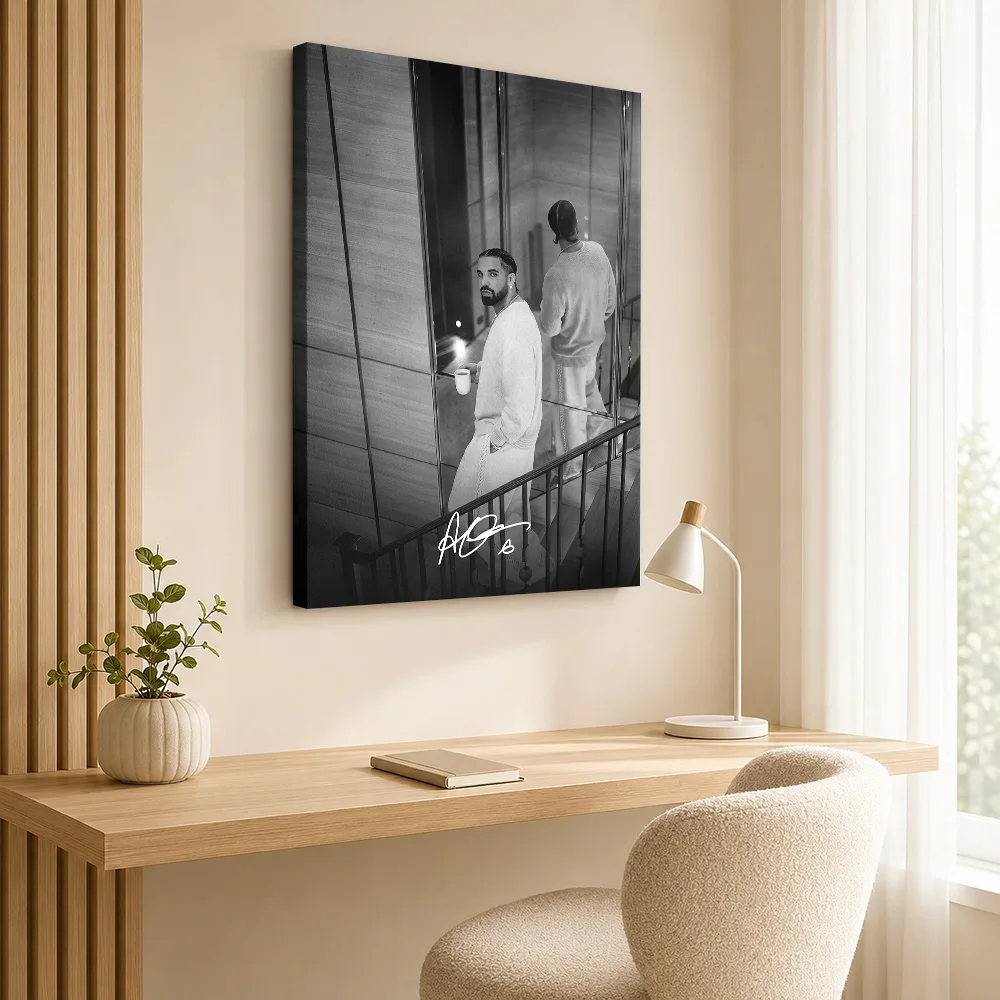 Drake Portrait Framed Canvas Poster Customized Photo Monochrome Wall Art For Bedroom Listening Corner, Record Collector Gift