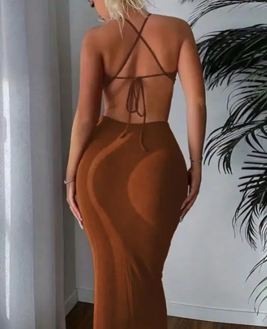 

2026 New Spring and Summer New Women's Sexy Backless Strap Hanging Neck Bag Hip Slimming Temperament Dress Female Clothing