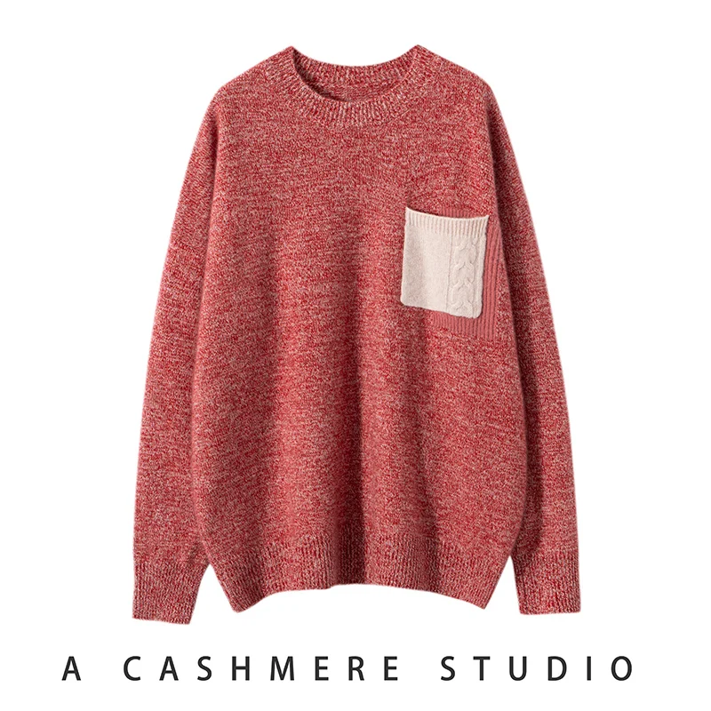 

Women's Floral Yarn Round Neck Sweater, 100% Cashmere, Loose Knitted Sweater, Chest Pocket Design, Autumn, Winter