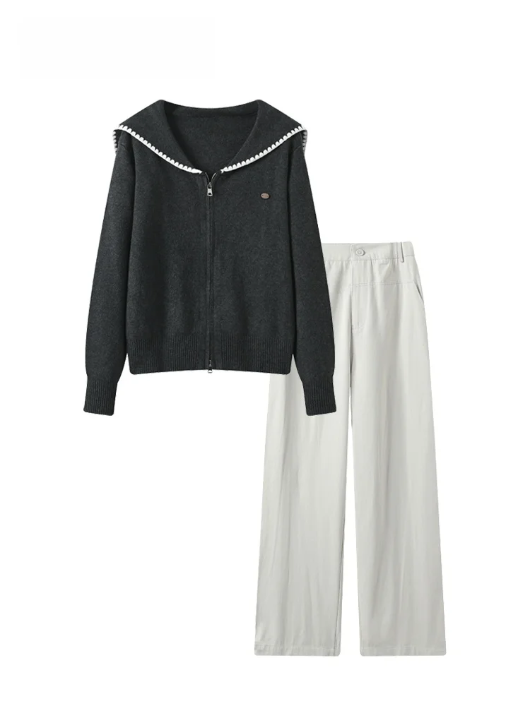 

plus Size Knitwear Navy Collar Long Sve Women's Set Autumn Winter Polyester Fiber Zipper Regular Length Universal Fit