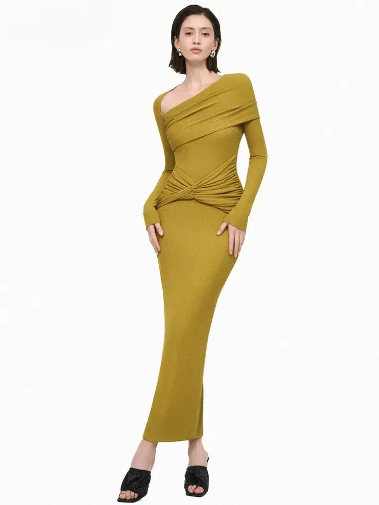 

Sexy Women's Knitted Pleated Dress Cross Asymmetrical Collar Slim Stretch Waist Evening Fashion Dress, Spring 2024 New