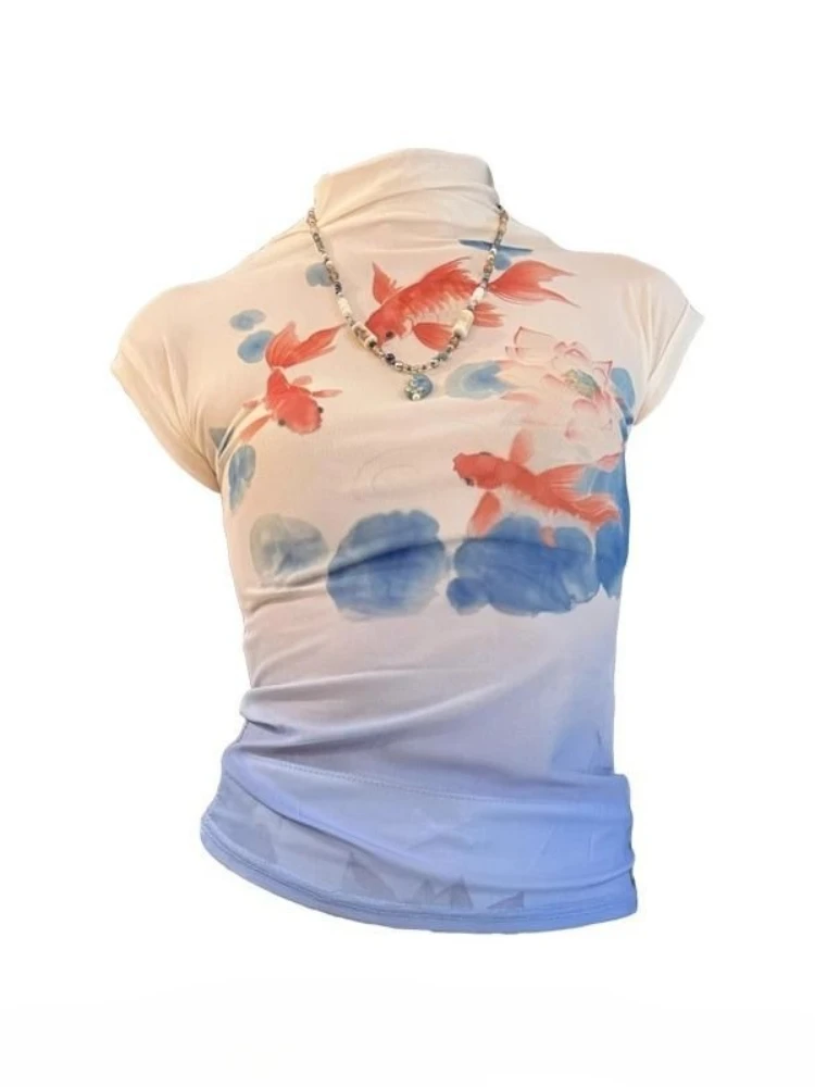 

Y2k Harajuku Vintage T Shirts Half High Collar Print Gradient Tops Chinese Style Female Slim Summer Aesthetics Women's Clothing