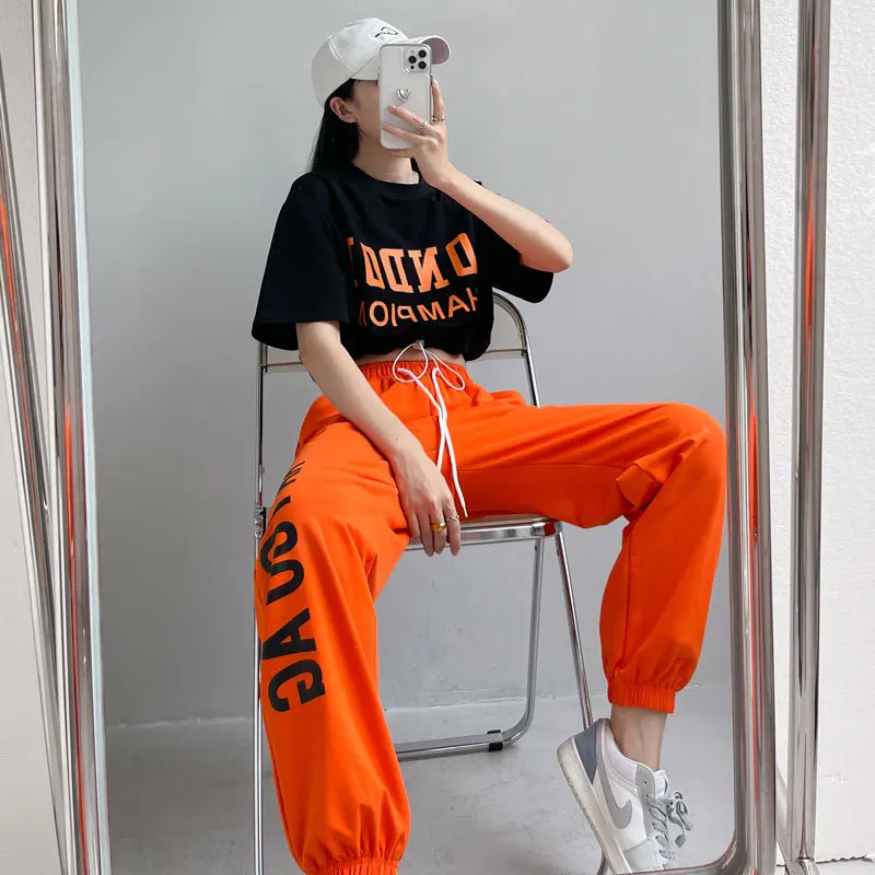 Adult Hip Hop Clothing Black Tops Orange Pants Casual Overalls Street Dance Wear Jazz Performance Clothes Hip Hop Dance Costumes