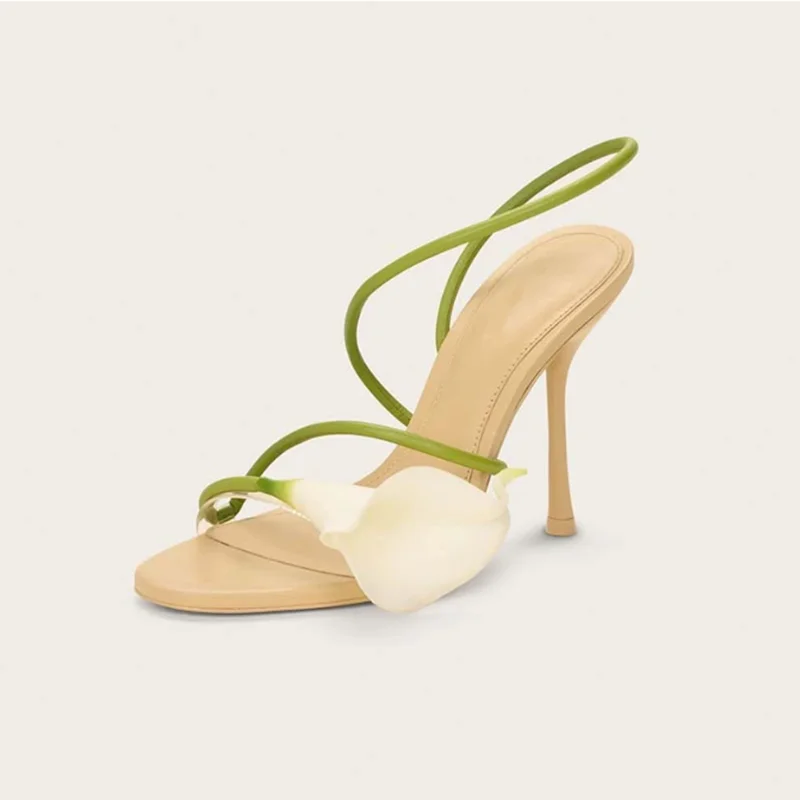 

Лаконичные босоножки на высоком каблуке с цветком лилии, летняя обувь для вечеринок телесного цвета с одним ремешком, желтые кожаные туфли на каблуке