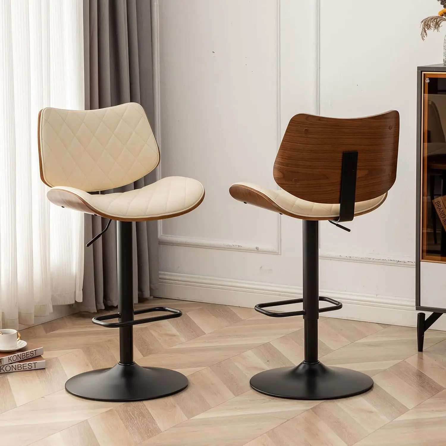 Bar Stools Set of 2 Mid Century Modern Adjustable Counter Height Black Leather Upholstered 360°Swivel Bar Chairs for Kitchen Isl