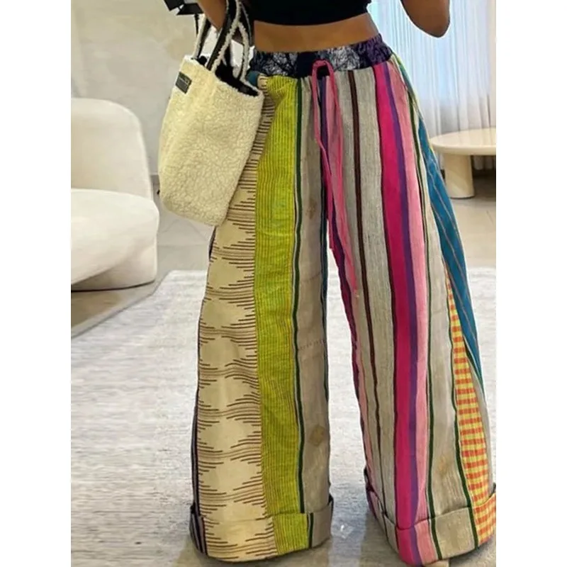 

Винтажные брюки в стиле хиппи для женщин, новинка 2026, красочные полосатые брюки с высокой талией и карманами на шнурке, широкие брюки, низ 185558
