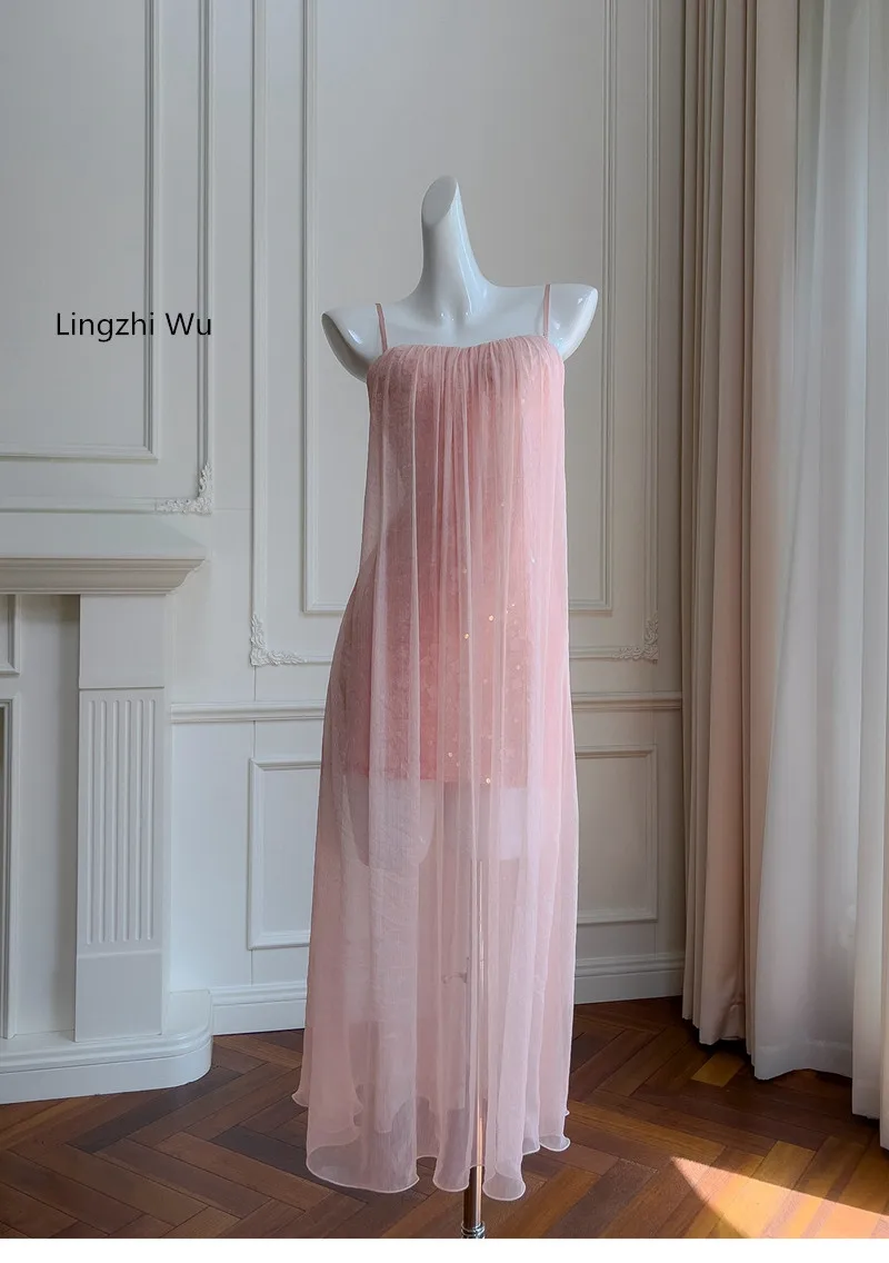 Lingzhi Wu Pink Long Dress for Ladies, Fairy Dress, French, Elegant, Holiday, Beautiful, Sexy, Top Quality