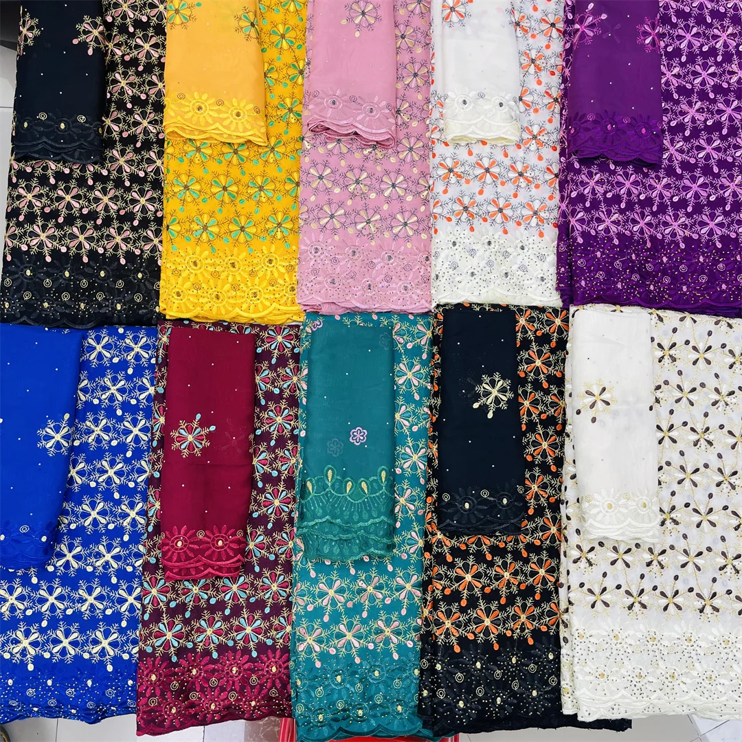 

Lastest Premium Nigerian Cotton Lace Fabric 5 Yards African Damask Embroidery Rhinestone For Wedding Party Dress Gown Material