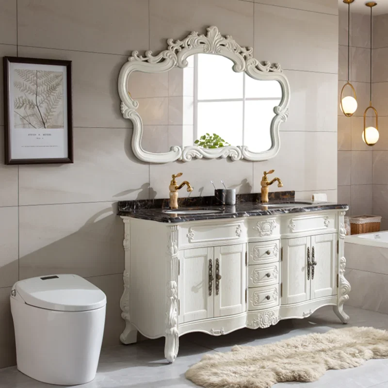 European -style Oak Bathroom Cabinet Nordic And American Red Oak Marble Dual Basin Washbasin Facial Bathroom Cabinets