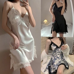 Summer Backless Faux Silk Nightdress With Bra Patchwork Women Sexy Suspender Nightgown Sleepwear Hollow Lace Intimate Lingerie