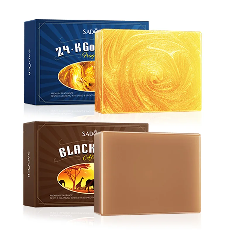 SADOER 24K Gold Black Soap Bar Handmade Facial Body Cleansing Soap Deep Pore Cleansing Face Wash for Acne Pimples Skin Care