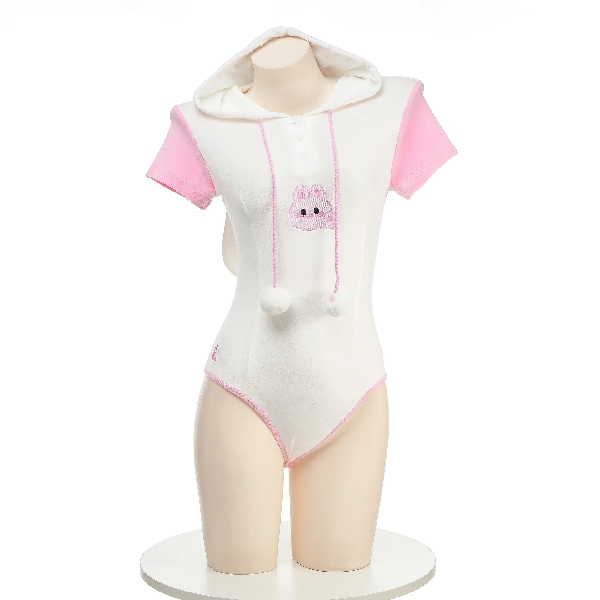 Anime Konijnenmeisje Cosplay Kostuum Vrouwen Kawaii Sexy Pluche Hoodie Bodysuit Schattige Konijnenoren Pyjama Met Korte Mouwen Halloween Clohtes