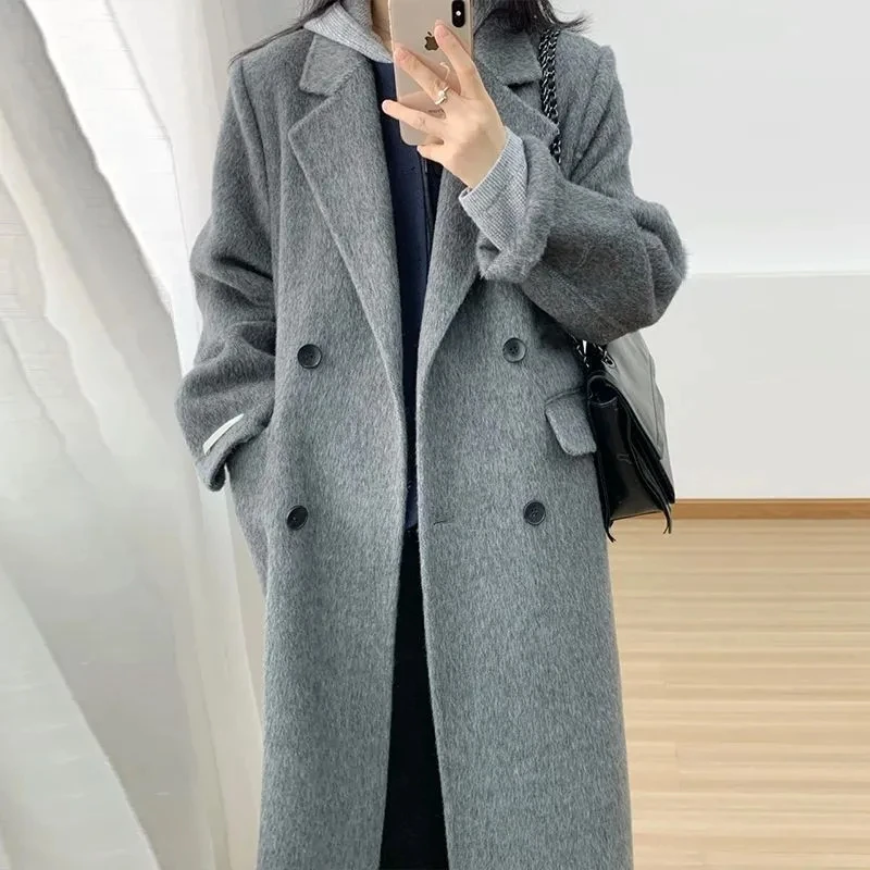 High end Gray double-sided woolen coat women's 2025 Autumn Winter New Temperament Double row button Woolen Coats Long Overcoat