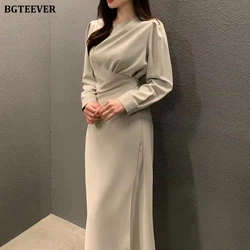 BGTEEVER Stylish O-neck Slim Waist Lace-up Women Bodycon Dress Spring Fashion Long Sleeve Split Package Hip Dress Female