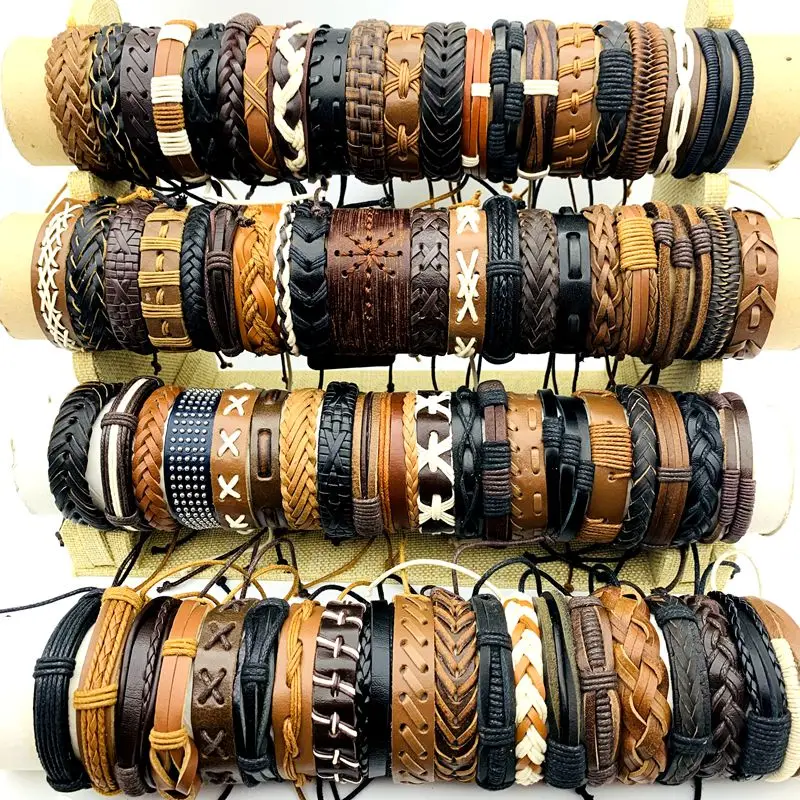 10/20/30/50/100PCs Leather Cuff Bracelets Handmade Retro Bangle Wristbands Black/Brown Fashion Jewelry Party Gift Wholesale Lot